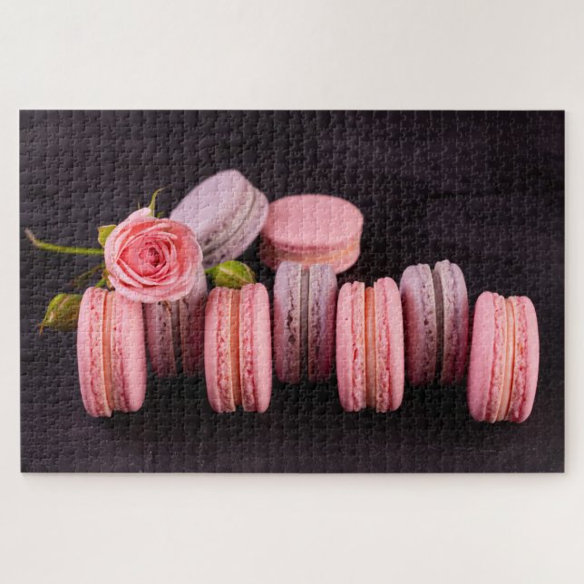 Pink Lila Macarons Blume Rose Süßes Essen Französi Puzzle (Horizontal)