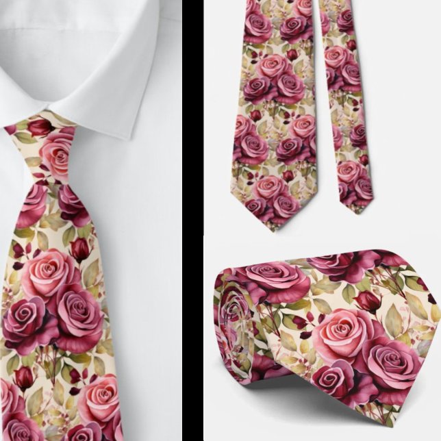 Pink Lila Mauve Rote Rosen Wasserfarben Neck Tie Krawatte (Von Creator hochgeladen)
