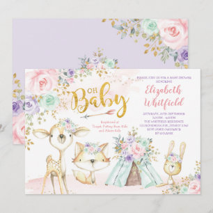 Pink Lila Mint Tribal Woodland Babydusche Einladung