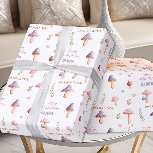 Pink Lila Mushrooms Fall Name Girl Geburtstag Geschenkpapier (Pink Purple Mushrooms Fall Name Girl Birthday Wrapping Paper)