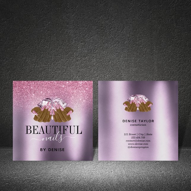 PINK lila Nagelsalon Frau Hand Nägel Techniker Quadratische Visitenkarte (Von Creator hochgeladen)