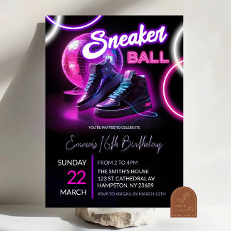 Pink Lila Neo Discoball Sneakerball Geburtstag Einladung