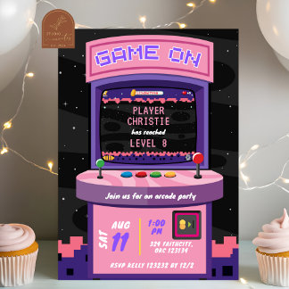 Pink Lila Neon Arcade Game Girl Geburtstag Einladung