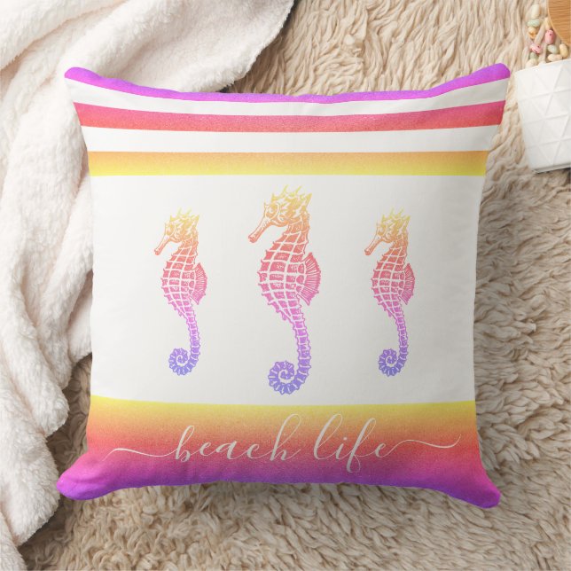 Pink lila ombre 3 Seepferds Beach Life Script Kissen (Decke)