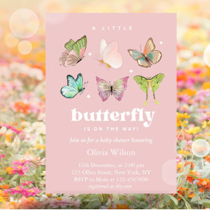 Pink Lila Pastel Butterfly Girl Babydusche Einladung