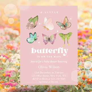 Pink Lila Pastel Butterfly Girl Babydusche Einladung