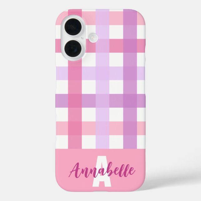 Pink Lila Pastell Gingham Pattern Monogram Case-Mate iPhone Hülle (Rückseite)