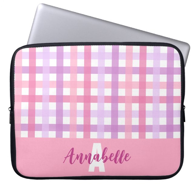 Pink Lila Pastell Gingham Pattern Monogram Laptopschutzhülle (Vorderseite)