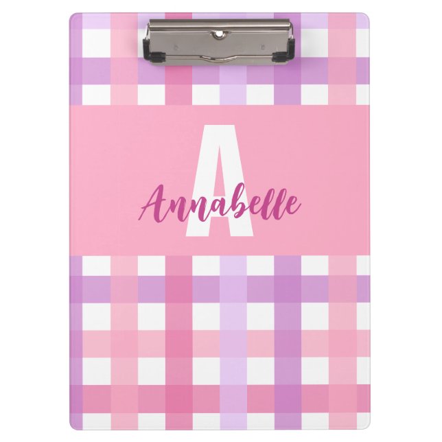 Pink Lila Pastell Monogram Gingham Pattern Klemmbrett (Vorderseite)