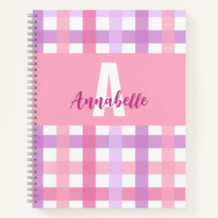 Pink Lila Pastell Monogram Gingham Pattern Notizbuch