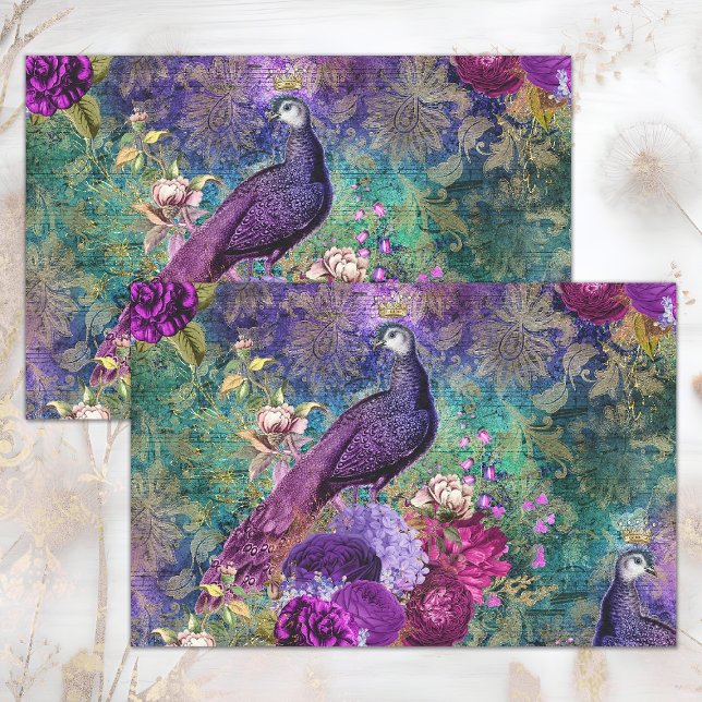 PINK LILA PEACOCK FLORAL COLLAGE DECOUPAGE SEIDENPAPIER (PINK PURPLE PEACOCK FLORAL COLLAGE DECOUPAGE TISSUE PAPER)