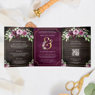 Pink Lila PflaumenAmpersand Holz QR Hochzeit Dreifach Gefaltete Einladung