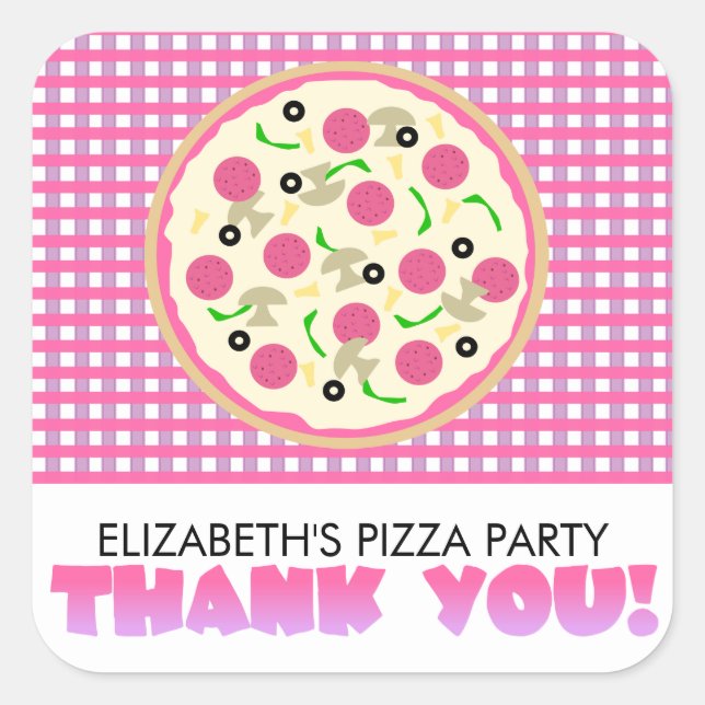Pink Lila Pizza Party Vielen Dank für Ihre Unterst Quadratischer Aufkleber (Vorderseite)