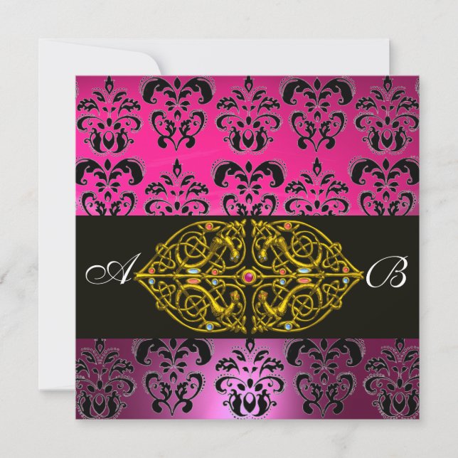 PINK LILA SCHWARZE DAMASK-MONOGRAMM, Gold Einladung (Vorderseite)