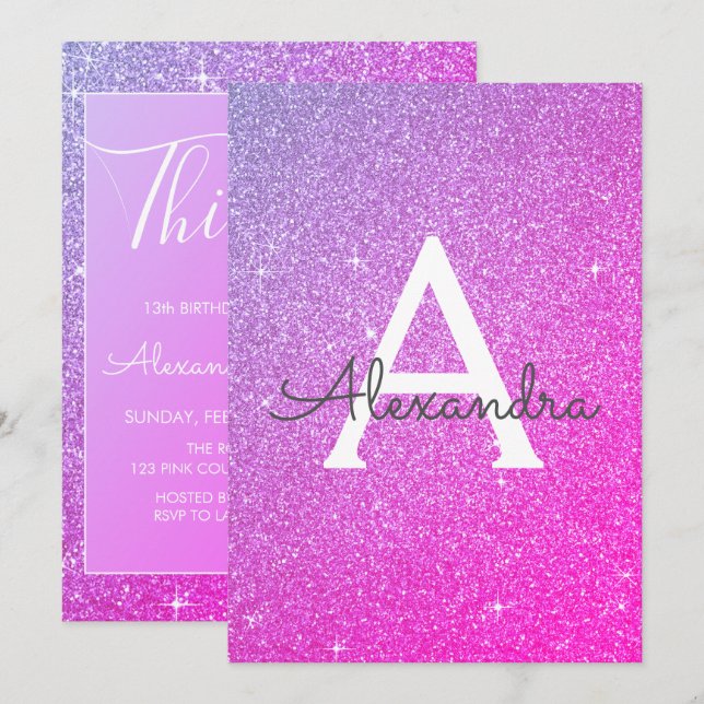 Pink Lila Sparkle Glitzer 13. Dreizehn Geburtstag Einladung (Vorne/Hinten)