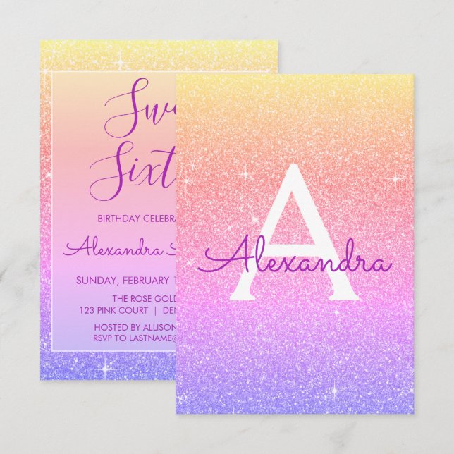 Pink Lila Sparkle Glitzer 16 . Geburtstag Geburtst Einladung (Vorne/Hinten)