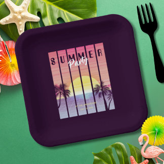 Pink-Lila-Synthwave-Sommerparty Pappteller