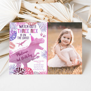 Pink Lila Three Rex Girl Dinosaurier Geburtstag Einladung