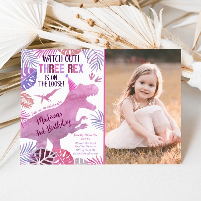 Pink Lila Three Rex Girl Dinosaurier Geburtstag Einladung (Von Creator hochgeladen)
