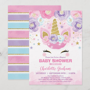 Pink Lila Unicorn Magical Stars Kinderdusche Einladung