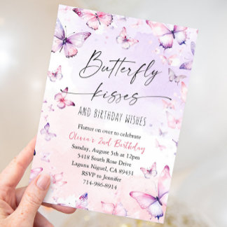 Pink Lila Watercolor Butterfly Kisses Birthday Einladung