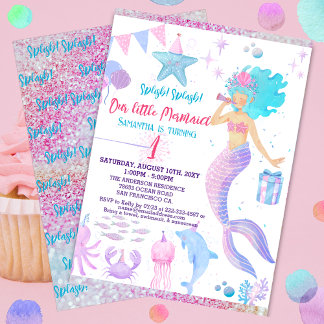 Pink Lila Whimsical Girl 1. Mermaid Geburtstag Einladung