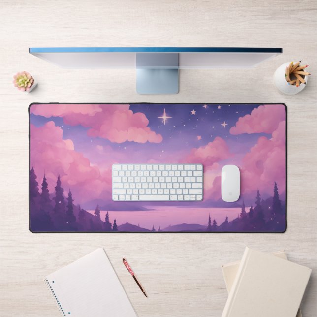 Pink Lila Whimsical Kawaii Clouds Mousepad Schreibtischunterlage (Büro 1)
