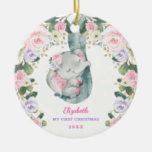 Pink Lilac Floral Elephant Baby Erstes Weihnachtsf Keramik Ornament