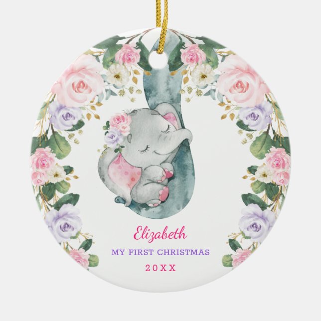 Pink Lilac Floral Elephant Baby Erstes Weihnachtsf Keramik Ornament (Vorne)