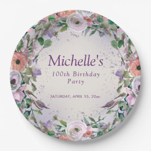 Pink Lilac Lila Watercolor Floral 100. Geburtstag Pappteller