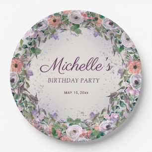 Pink Lilac Lila Watercolor Floral Geburtstag Pappteller