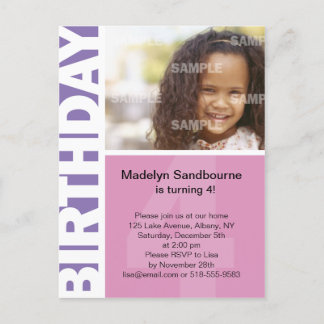 Pink Lilac Side Panel 4th Birthday Postcard Einladungspostkarte