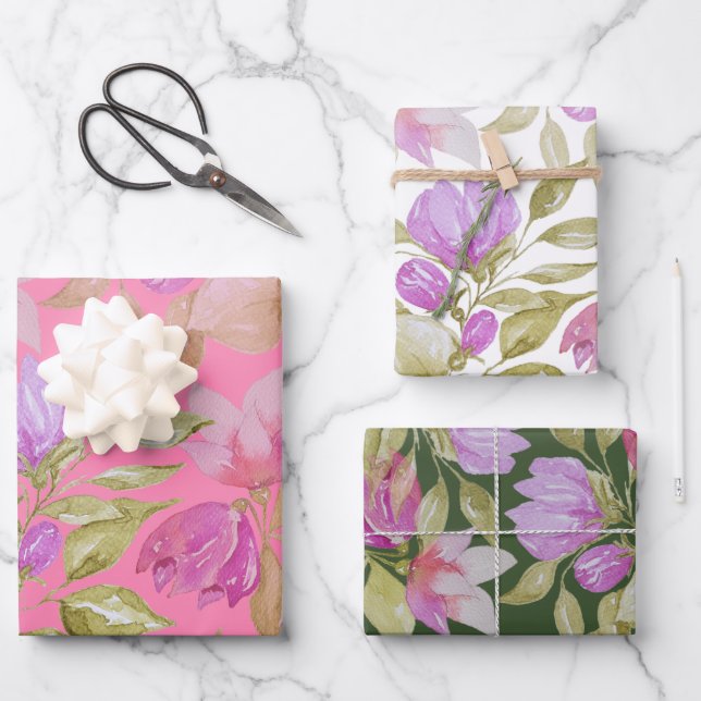 Pink Lilac Wasserfarbe Blume Handgemalt Geschenkpapier Set (Vorderseite)