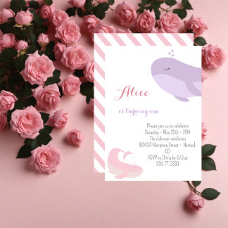 Pink Lilac Whale Sea Fish 1. Geburtstag Party Einladung