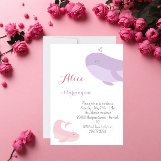 Pink Lilac Whale Sea Fish 1. Geburtstag Party Einladung