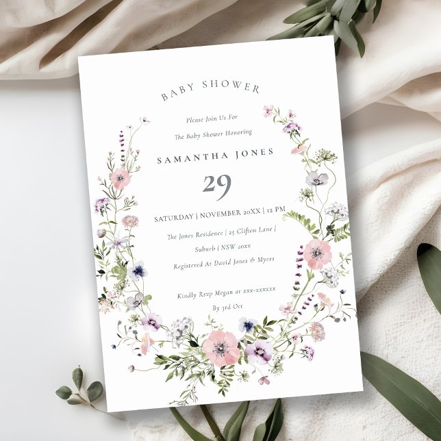 Pink Lilac Wildblume Wreath Baby Dusche einladen Dankeskarte (Von Creator hochgeladen)