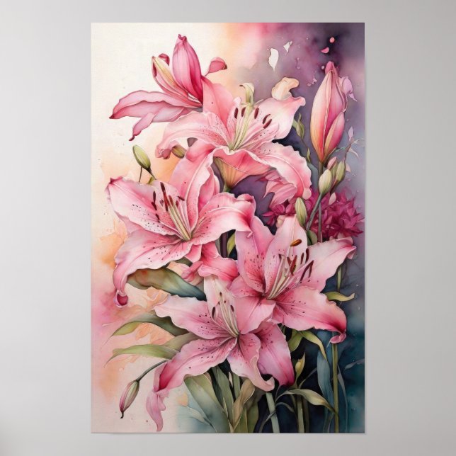Pink Lilie - Aquarellfarben Blume - Blumenstrauß Poster (Vorne)
