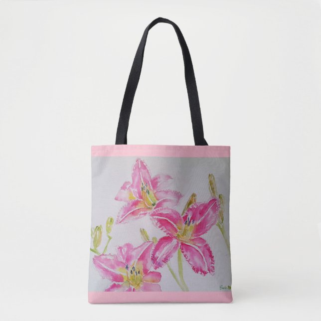 Pink Lilies Floral Wasserfarbe Totbeutel (Vorderseite)