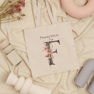 Pink Lilies Monogram Letter F Individuelle Name Tragetasche