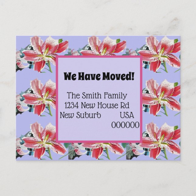 Pink Lilies neue Adresse Postcard, wir bewegen uns Postkarte (Vorderseite)