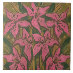 Pink Lilies, pastellfarbene Malerei, Blume, Blumen Fliese