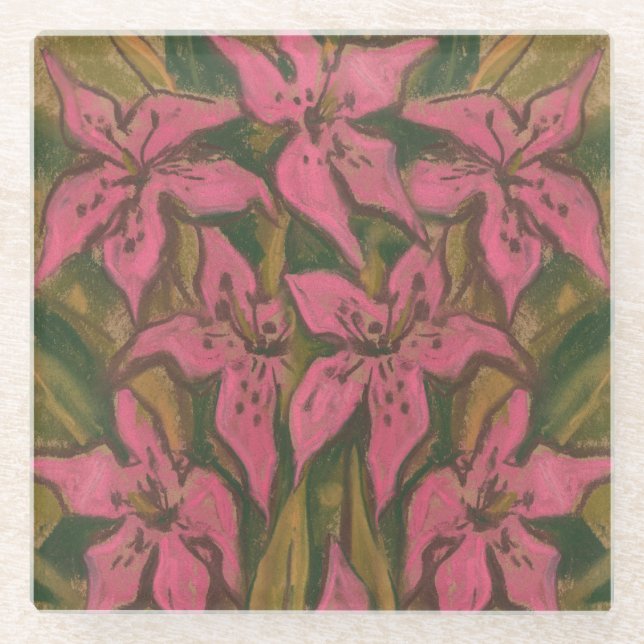 Pink Lilies, pastellfarbene Malerei, Blume, Blumen Glasuntersetzer (Vorderseite)