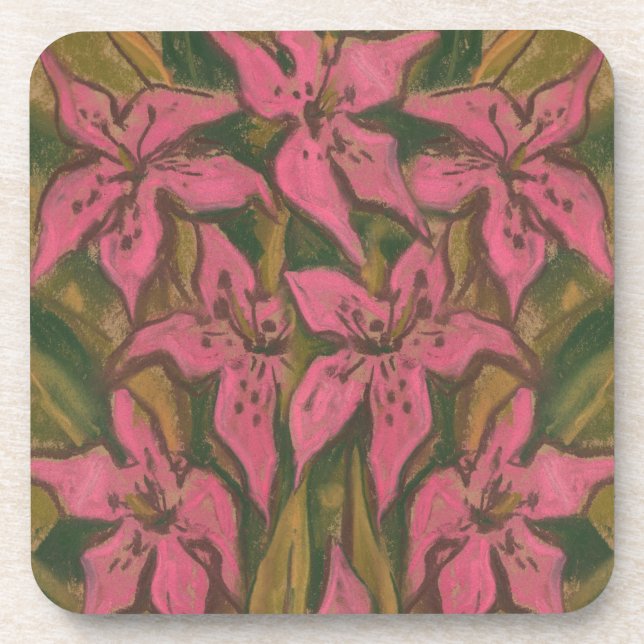 Pink Lilies, pastellfarbene Malerei, Blume, Blumen Untersetzer (Vorderseite)