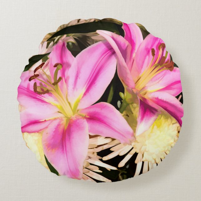Pink Lilies Rundes Kissen (Vorderseite)