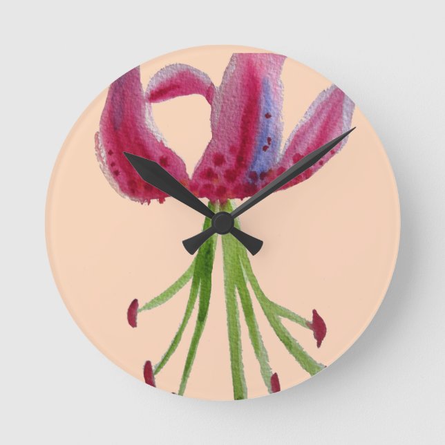 Pink Lily Aquarell Moderne Blume Blumenstrauß Runde Wanduhr (Vorderseite)