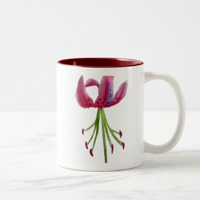 Pink Lily Aquarell Moderne Blume Blumenstrauß Zweifarbige Tasse (Rechts)