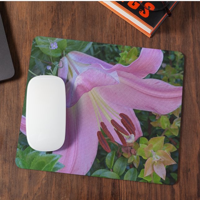 Pink Lily Bloom Floral Mousepad (In Situ)