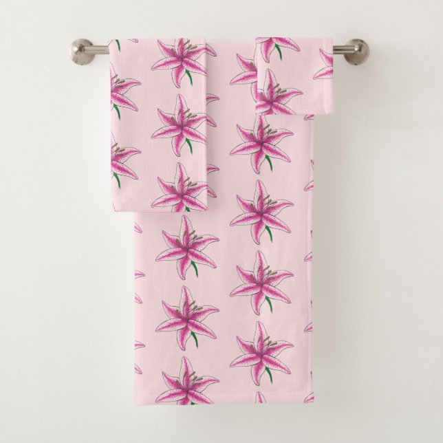 Pink Lily Blume Floral Print Garden Lilien Badhandtuch Set (Insitu)