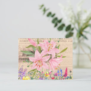 Pink Lily, Floral Watercolor, Vintage Zeitung Postkarte