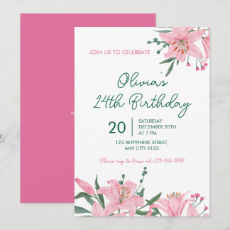 Pink Lily Garden Birthday Party Invitation Einladung